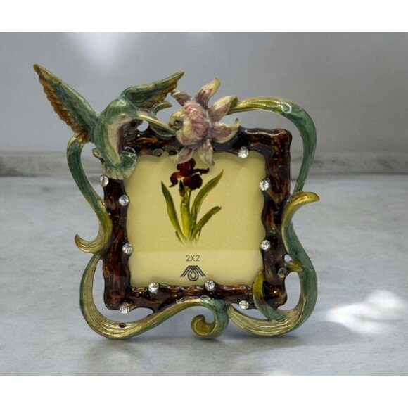 Set of 2 Vintage Style Ornate Enamel Hummingbird Flower Photo Frame 3.5x5 & 2x2 - Picture 3 of 12